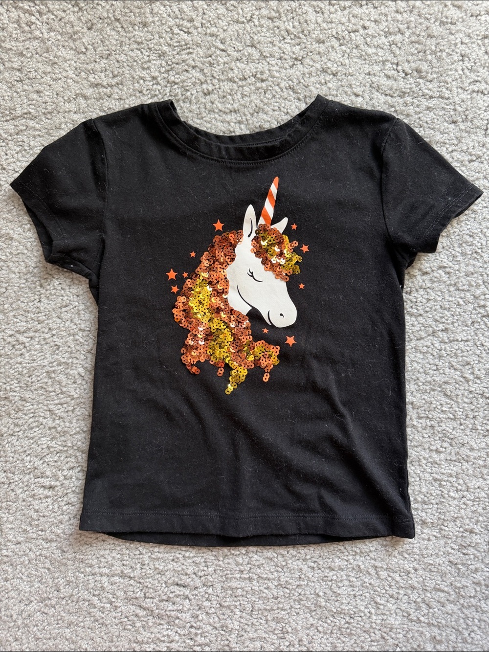 wonder nation Black Unicorn Sequin Tee with Orange and Gold Mane